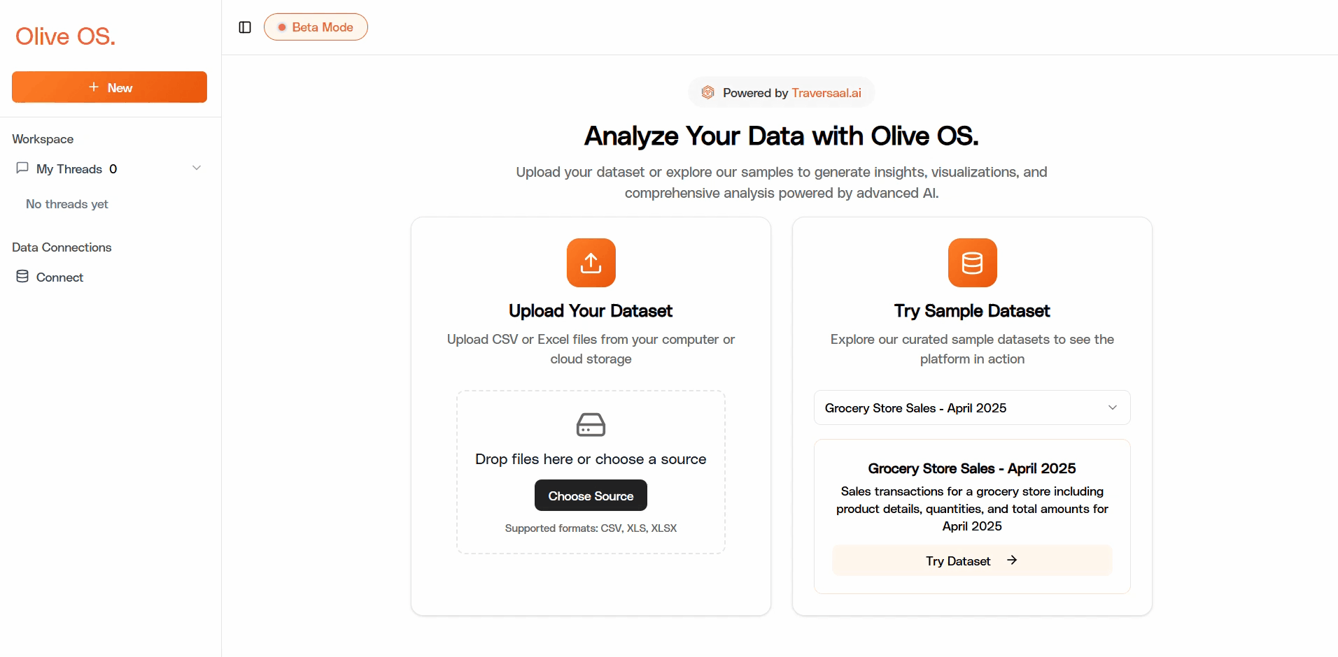 Olive OS product demo — uploading data, querying in plain English, and receiving visual analysis